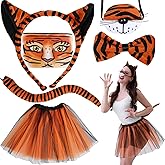 Rotamora 6Pcs Halloween Tiger Costume Set, Animal Costume Tiger Ears Headband Tail Nose Bow Tie Face Sticker Tutu Skirt Fancy Dress Up for Women Men Halloween Cosplay Party Accessories