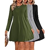 Huukeay 3 Pack Women's T Shirt Dresses, Long Sleeve Crew Neck Tunic Dresses Casual Loose Plain Dress Basic Swing Flowy Dress