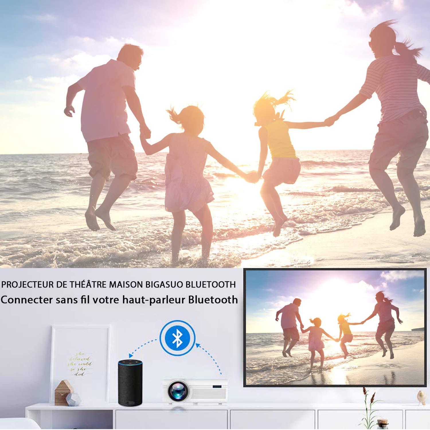 BIGASUO Vidéoprojecteur 2400 Lumens Portable LED Mini Projecteur Bluetooth, Soutien Charge Le Format Plein HD 1080P iPhone Andriod Jeu TV multimédia Home Theater Entertainment