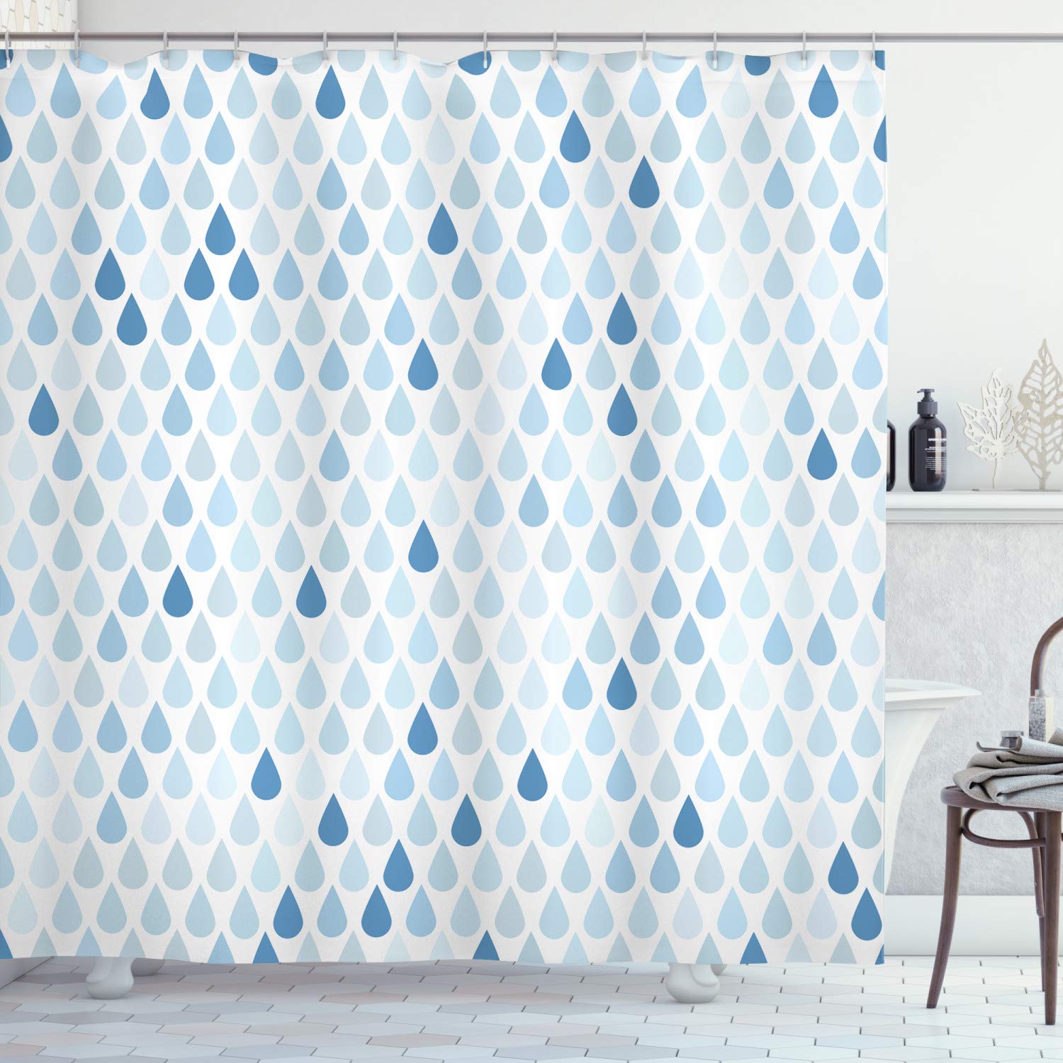 ABAKUHAUS Blue and White Shower Curtain, Minimalist Rain Drops Motive in Tones Tears of Earth Air Gravity Image Art, Cloth Fabric Bathroom Decor Set with Hooks, 70 Inches, Pale Blue