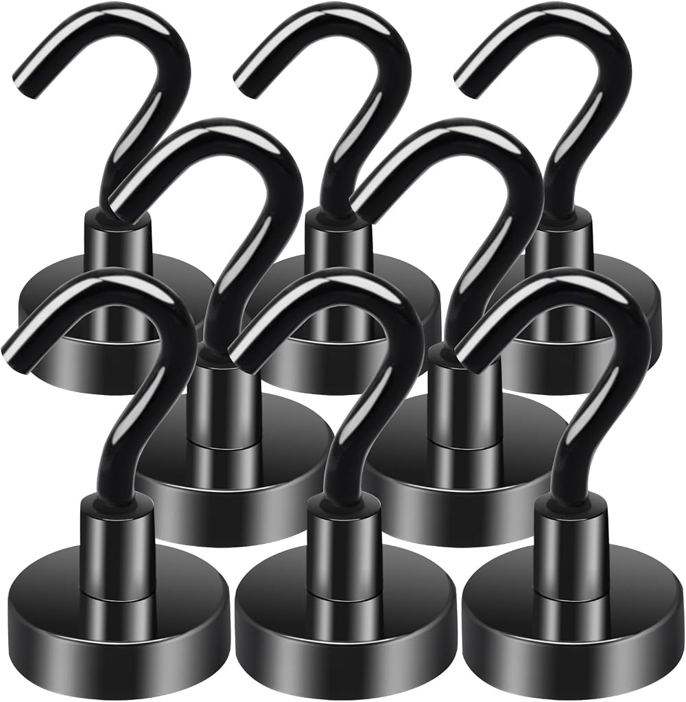 MIN CI 8pcs Black Magnetic Hooks Heavy Duty 35lbs Neodymium Magnets