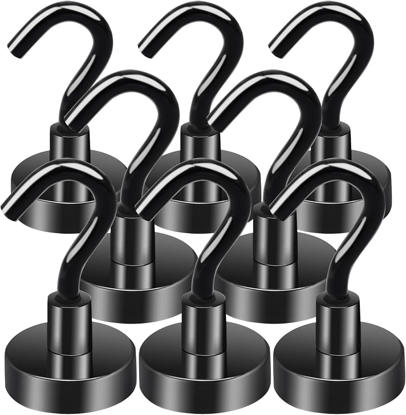 MIN CI 8pcs Black Magnetic Hooks Heavy Duty 35lbs Neodymium Magnets