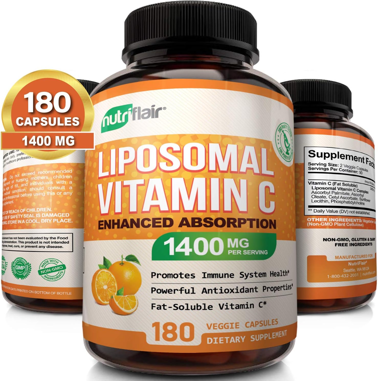 NutriFlair Liposomal Vitamin C 1400mg, 180 Capsules High 180 Count