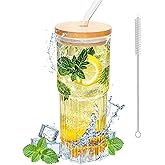 VVXAMI 32oz Ribbed Glassware Large Cup, Glass Cups With Lids And Straws,Iced Coffee Cups With Lids,Glasses Drinking Set,Cute Cups,Boba Cup,With Straw Brush,Ideal Gift