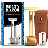 THURLADY Dual-Blade Safety Razor with Pivoting Head, Golden | Reusable Metal Razors for Men, with 20 Double Edge Blades &amp; Stand &amp; Travel Pouch, Smooth Close Clean Shave, Plastic Free