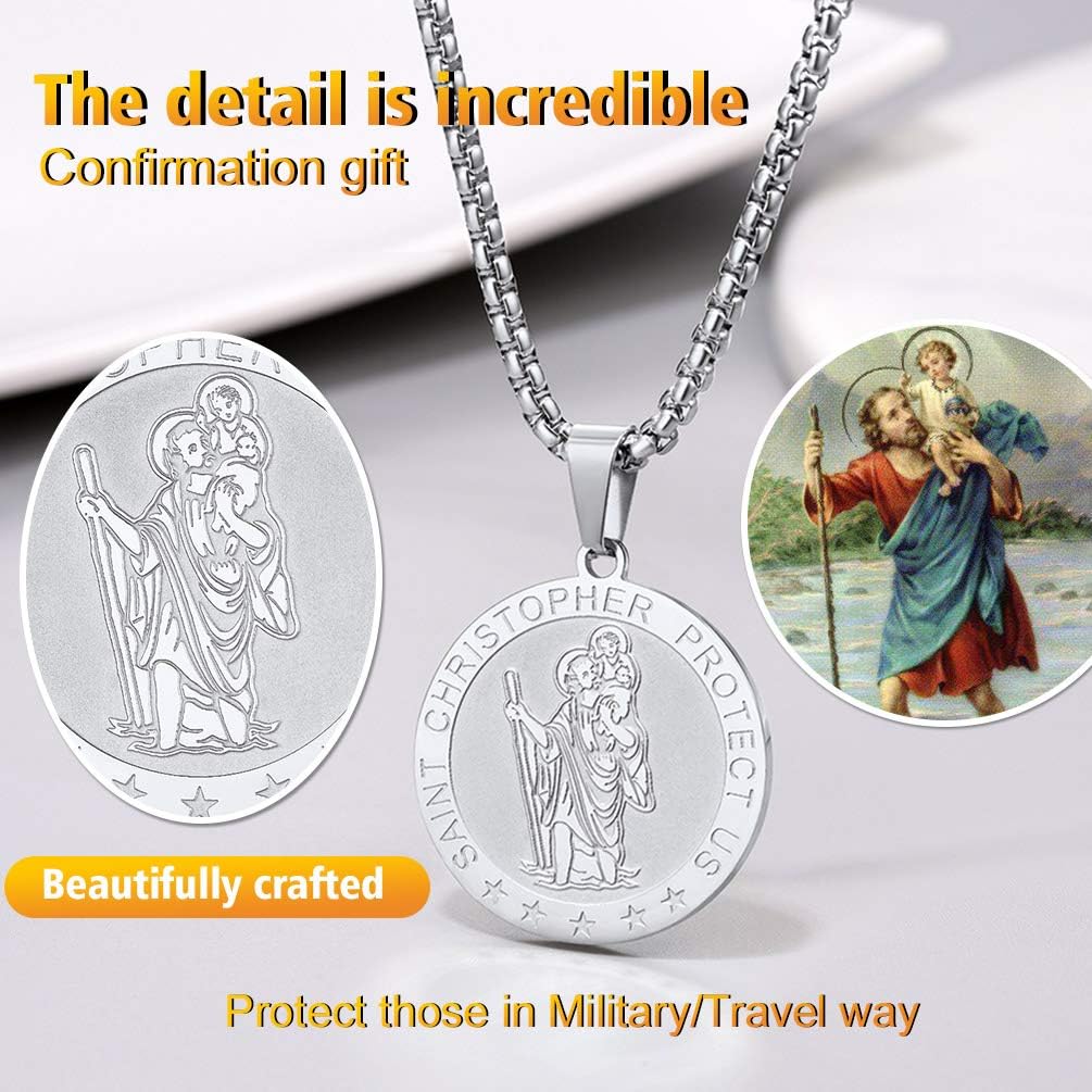PROSTEEL St Christopher Necklace for Men Saint Christopher Pendant Chain, Catholic Protection Jewellery Silver Round (With Gift Box) - Image 3