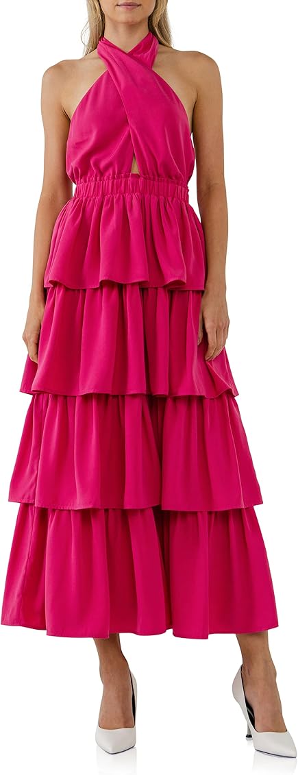 endless rose Women's Crossed Halter Neck Tiered Maxi Dress Fuchsia at  Amazon Women's Clothing store