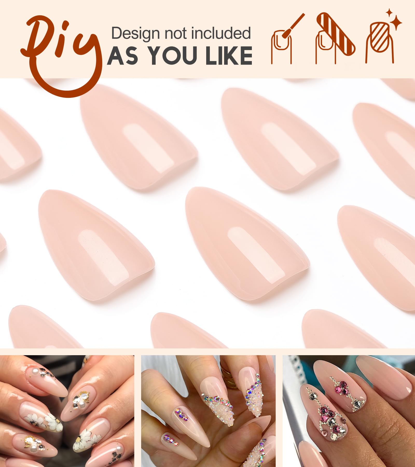 Morily Press on Nails Medium - Nude Almond Fake Nails Solid Color Pink Glossy False Fingernails in 15 Sizes, Long Stick on Nails for Women - 30Pcs - Image 5
