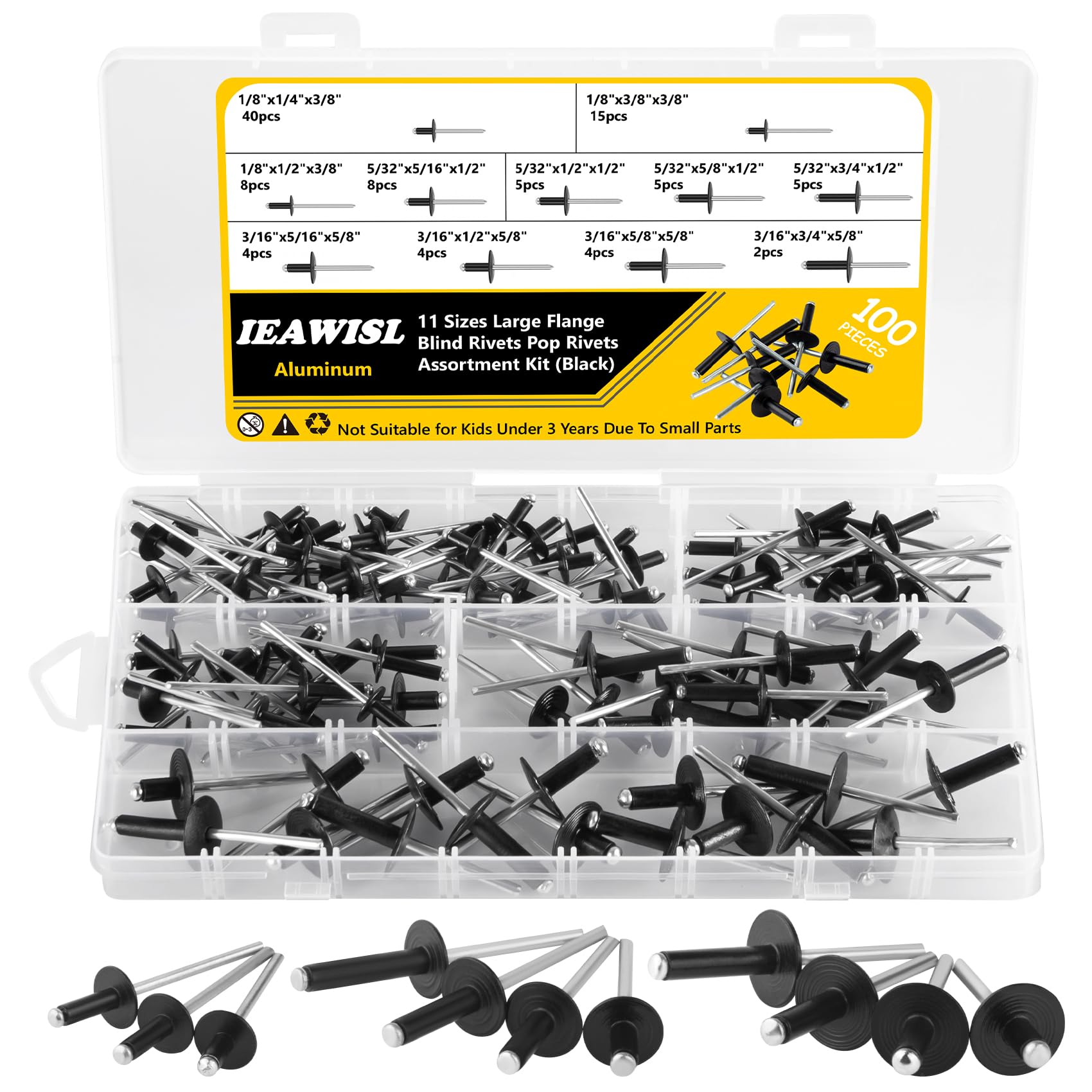 IEAWISL Pop Rivets, 100 PCS Aluminum Large Flange Rivets Assortment, 11 Sizes Rivets for Metal, DIY, Sheet Mounting, Plastic, 1/8" 5/32" 3/16"（Black）