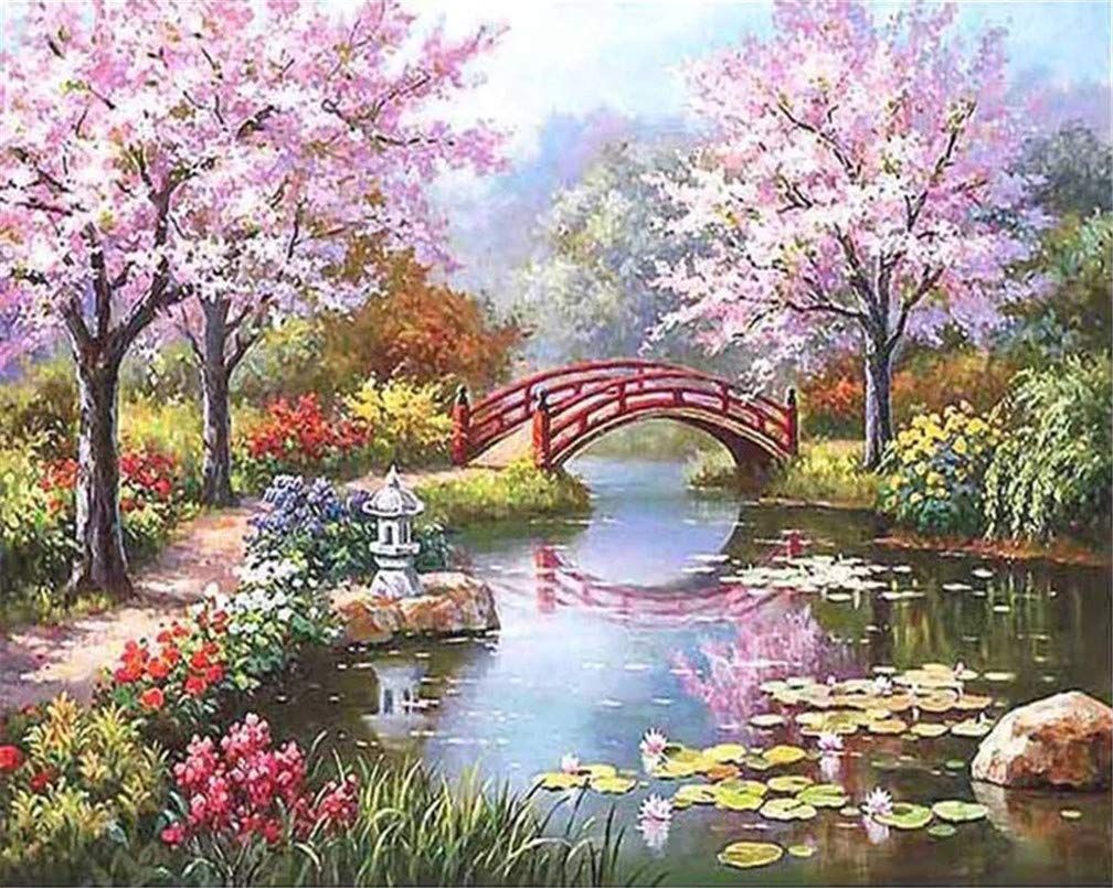 Amiiba DIY Paint by Numbers Kits, Cherry Blossom Trees Bridge Lake 16x20 inch Acrylic Painting by Number Wall Art Crafts (Cherry Blossom, Without Frame)