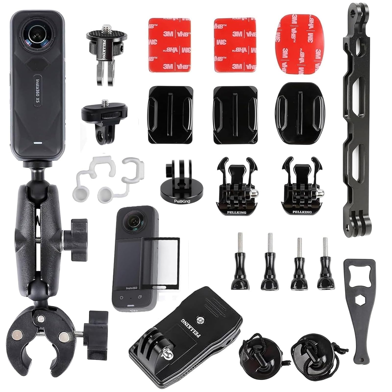 Photo 1 of PellKing Bike Motorcycle Handlebar Mounting Bundle Kit for Insta360 X5/X4,Action 5 Pro/4/3, Included 360 Rotation Handlebar Mount,1/4" Adapter Helmet Adhesive Stick,Backpack Clip,Screen Protector