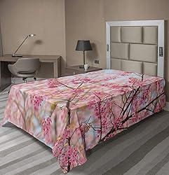Ambesonne Floral Flat Sheet, Japanese Sakura Cherry