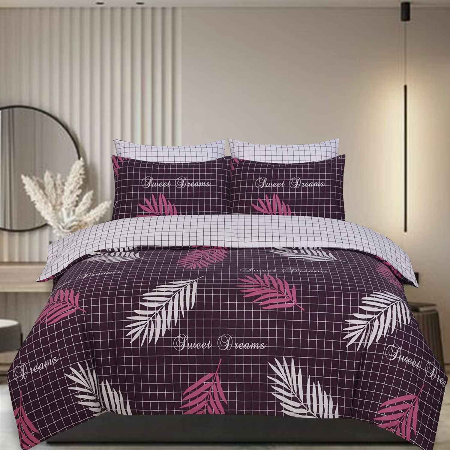 DTEX HOMES Single Duvet Cover Set 100% Pure Cotton Reversible Printed Hotel Quality Duvet Cover Ultra Soft Easy Care Single Duvet Set Super Soft and Luxury Duvet Cover Sets (Sweet Dreams Aubergine)