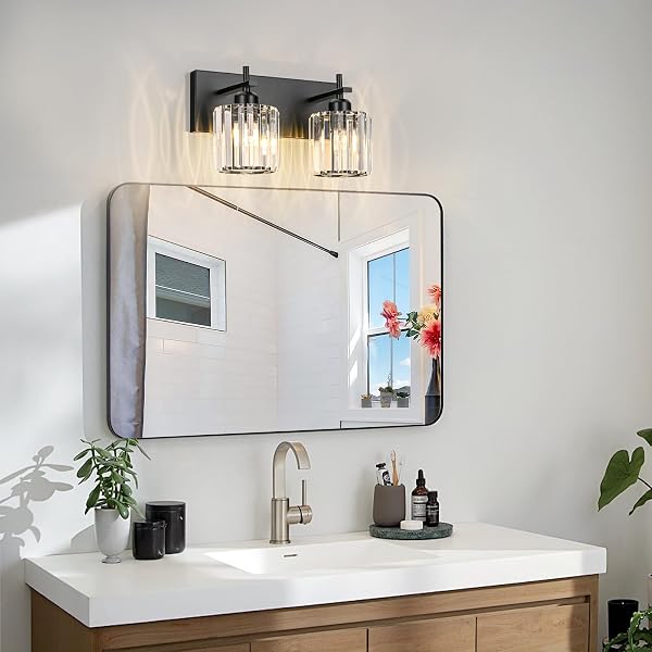 HUOKU BLACK CRYSTAL BATHROOM VANITY LIGHTS, MODERN 2-LIGHTS BATHROOM LIGHTING FIXTURES OVER MIRROR, CRYSTAL WALL LIGHTING WITH ROUND SHADE