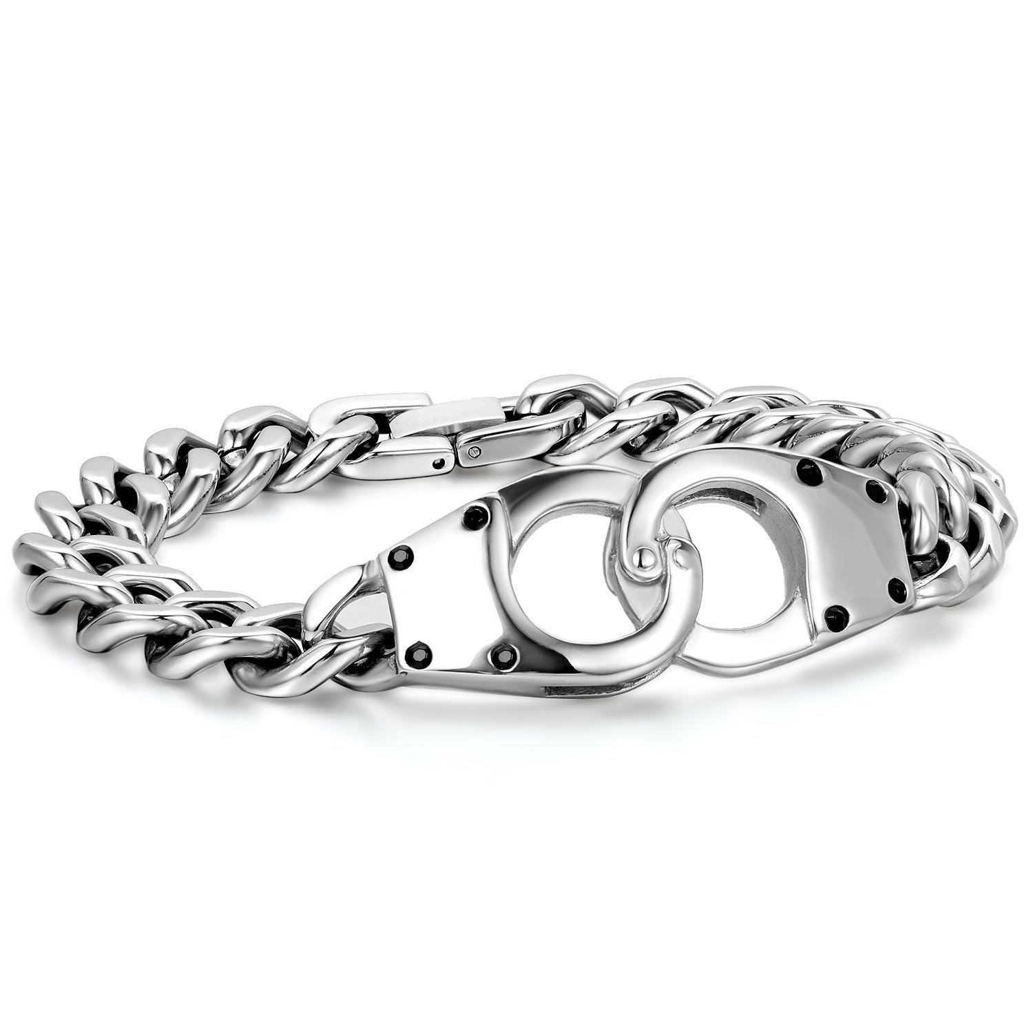 JewelryWe Mens Stainless Steel Silver Tone Link Chain Handcuff Bracelet 8.7"