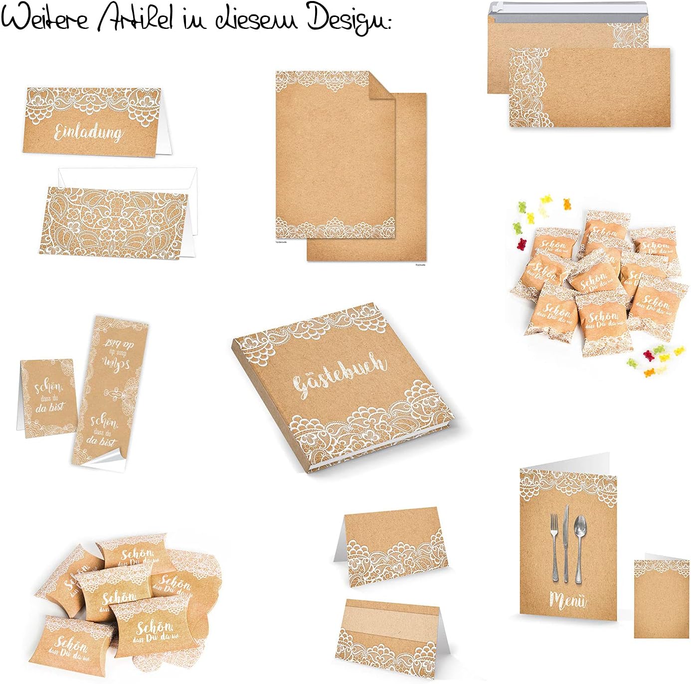 Set of 25 Sheets of Writing Paper Vintage Lace White Printed on Both Sides 100 g DIN A4 Letter Sheet + 25 Pieces Nostalgic Envelope DIN Long Antique Vintage Rustic Natural Brown Beige - Image 3