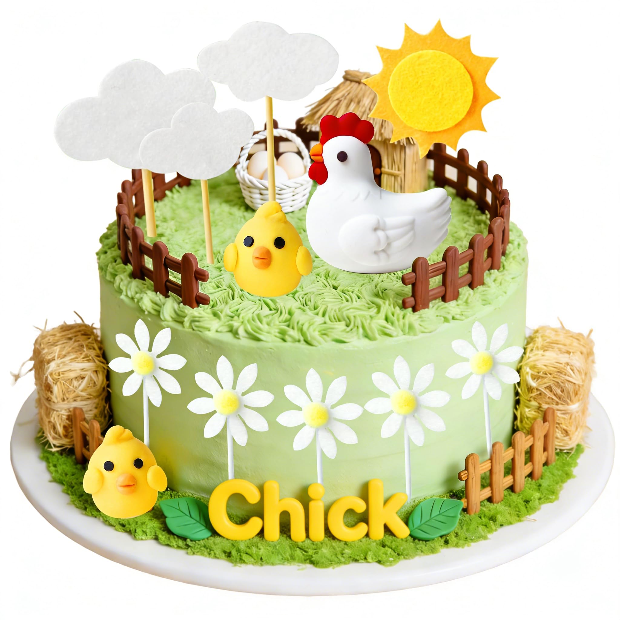 12PCS Farm Animal Cake Decoration Chicken Birthday Decoration Daisy Sun Clouds Chick Egg Cake Topper for Farm Animal Baby Shower Birthday Party Decorations