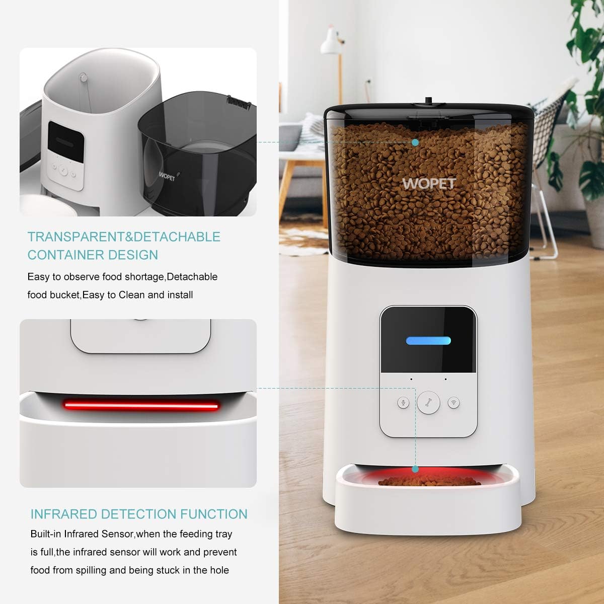 Pet Supplies : WOPET 6L Automatic Cat Feeder, Wi-Fi Enabled Smart Pet Feeder for Cats and Dogs, Auto Dog Food Dispenser with Portion Control, Distribution Alarms and Voice Recorder Up to 15 Meals per Day : 