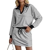 Womens 2 Piece Outfits Striped Sweatshirt Skirt Sets Long Sleeve Skort Workout Athletic Matching Lounge Set with Pockets 2025