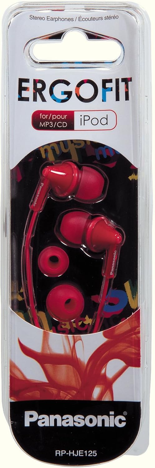 Panasonic RP-HJE125E-R Ergofit In Ear Wired Earphones with Powerful Sound, Comfortable Non-Slip fit, Includes 3 Sized Ear Buds - Red - Image 3