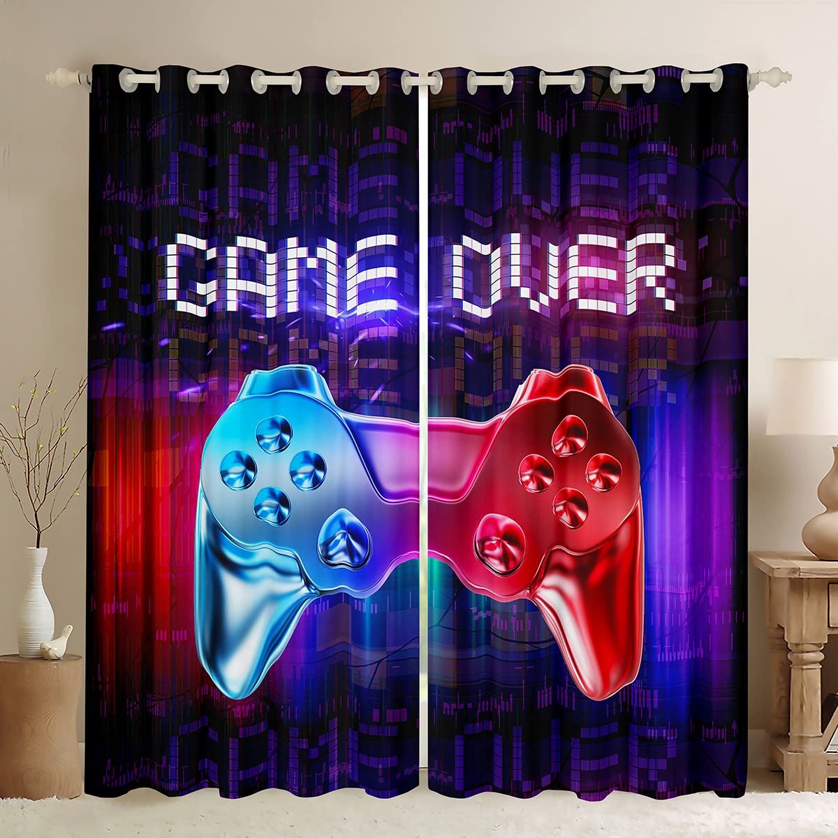 Loussiesd Gamer Curtains for Bedroom Boys Video Game Gamepad Darkening Curtain Kids Toddler W46*L54 Gaming Thermal Insulated Window Drapes Red Blue Gradient Game Window Treatment Set Blue