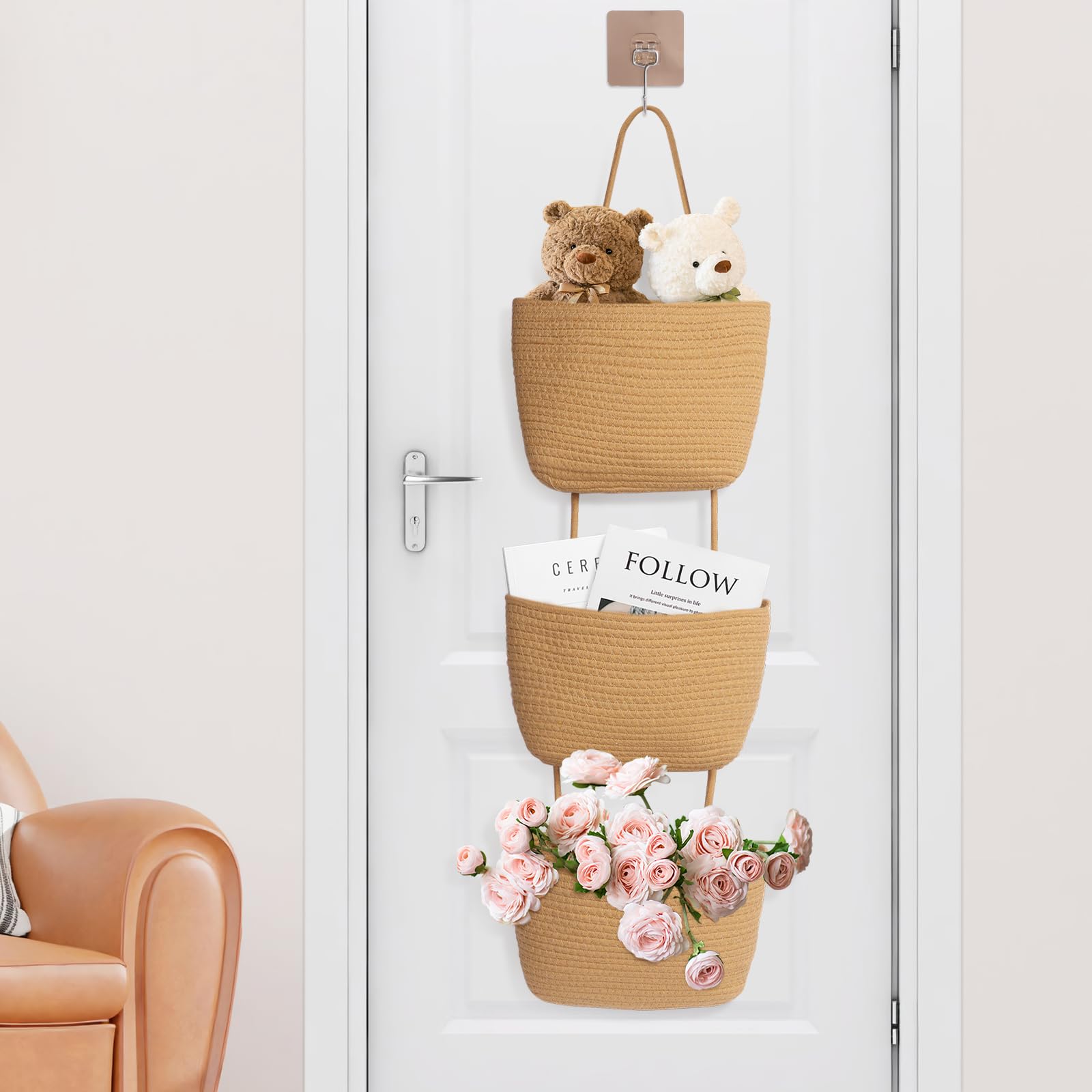 Minicoco Hanging Organiser 3 Tier Cotton Rope Woven Storage Basket Khaki Rectangular Over the Door Bedroom Living Room Bathroom Decorative Basket