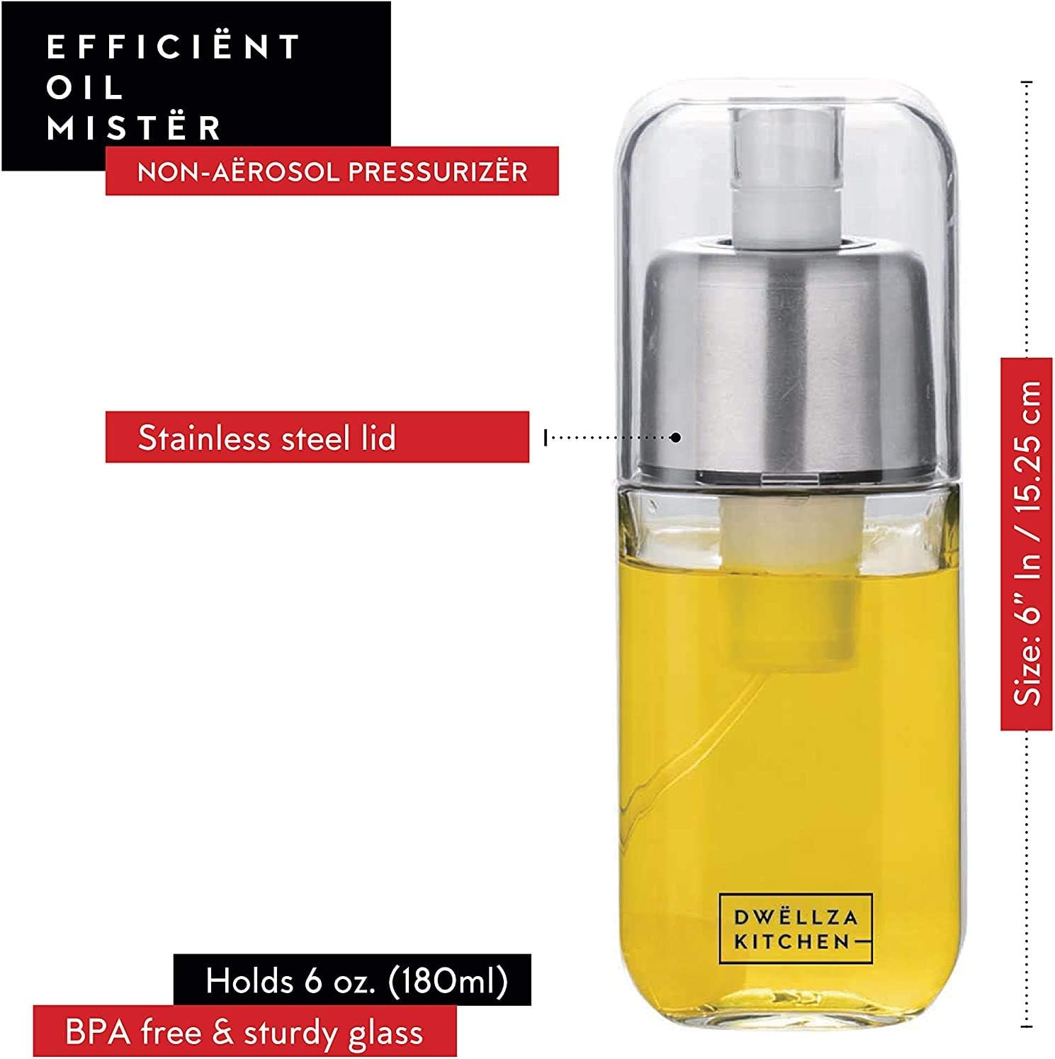 DWËLLZA KITCHEN Olive Oil Dispenser Bottle and Olive Oil Sprayer for Cooking Set – Oil Mister Bottle 6 OZ and Glass Oil Bottle 17 OZ with Measurements Drip-Free Spout Stainless Steel: Kitchen & Dining