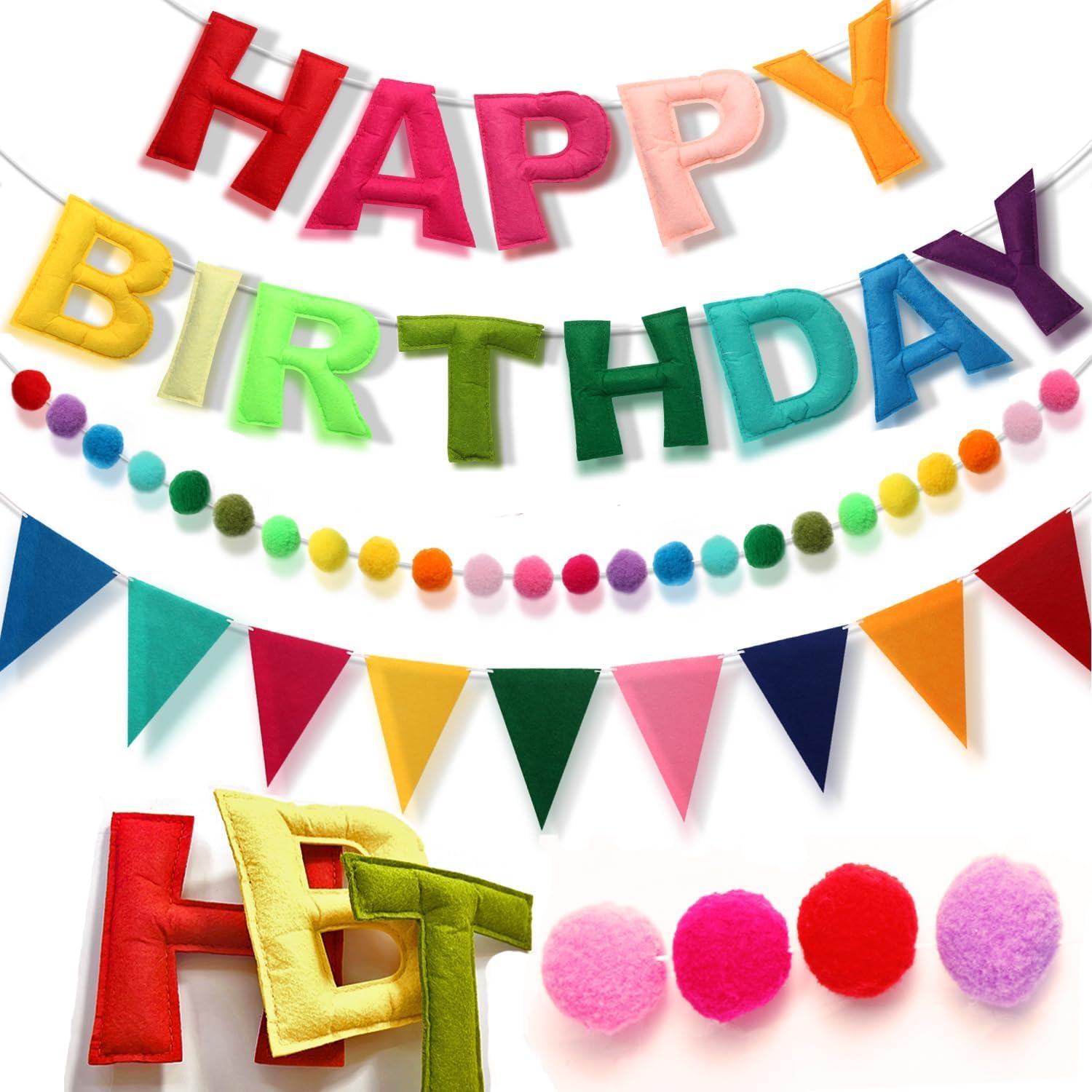 Pre-Strung Happy Birthday Banner - Felt Ball Garland - HAPPY BIRTHDAY Garland, Rainbow Birthday Decorations, Personalized Sign for Party Decor, Photo Prop (Red with Ball Flags)