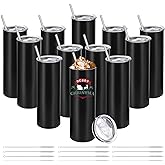 YOUKE OLA 12 Pack Stainless Steel Skinny Tumblers Bulk Straight Double Wall Insulated Tumbler with Lid and Straw for, DIY, Black, 20oz