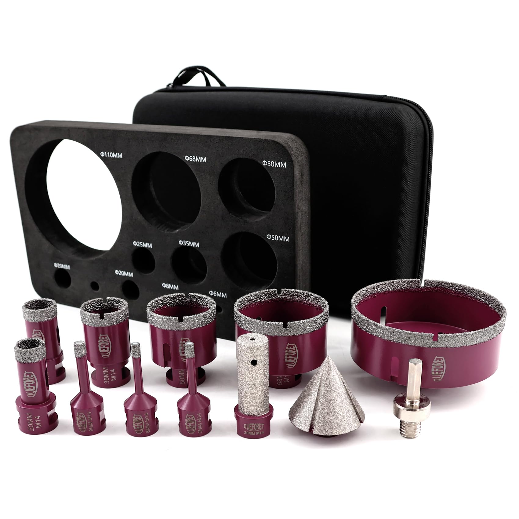 QUEFORET 12pcs Diamond Drill Bit Set - 9 Sizes (6/6/8/20/25/35/50/68/110mm) x M14 Hole Saw, 20mm Finger Milling Bit, 50mm Beveling Bit, Adapter for Ceramic, Porcelain, Marble, Granite