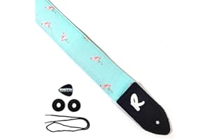 REVOLUTION STRAPS Flamingos on Teal Guitar Strap, Genuine Leather Ends, Includes 2 Strap Locks & 1 Pick. Adjustable Strap, Pick Pocket, For Bass, Electric & Acoustic Guitars Gift for Guitar Players Men, Women & Kids
