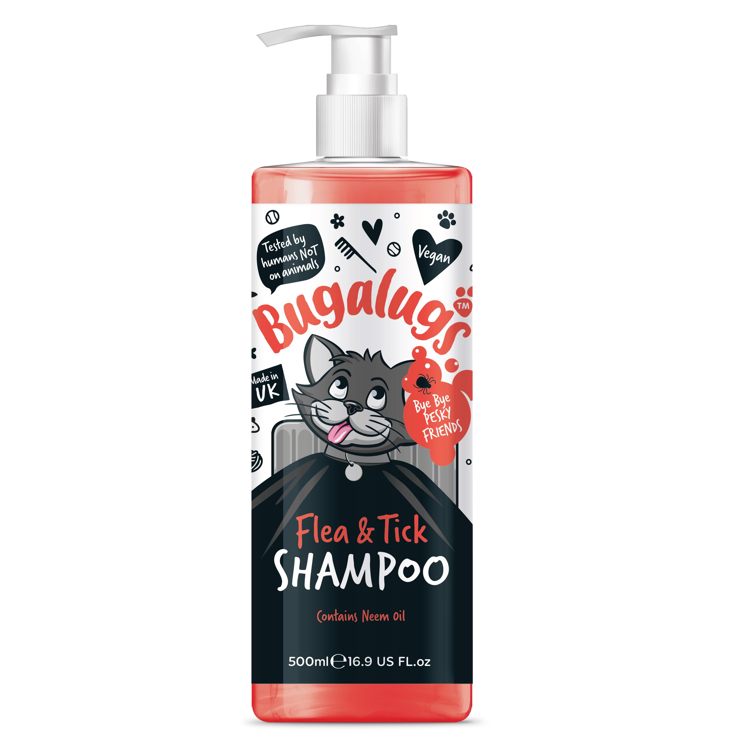 Flea and Tick Cat Shampoo by Bugalugs 500ml, Deep Cleansing for Cats for Fleas, Ticks & Mites contains Neem Oil, PH Balanced Vegan (500ml Flea Shampoo)