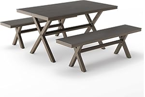 Cozyman 3 Pieces Patio Table Set, HDPS and Aluminum Material, Outdoor Dining Table Set with 2 Benches, Weather Resistant, Modern X-Leg Dining Table and Chairs for Yard, Garden, Kitchen, Slate Gray