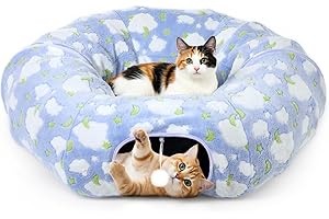 Tivray Christmas Cat Tunnels for Indoor Cats, 35'' Plush Cat Tunnel Bed Christmas Tree Skirt with Playful Ball and Circle Cushion, Foldable Peekaboo Cave, Interactive Toy, Blue&Cloud