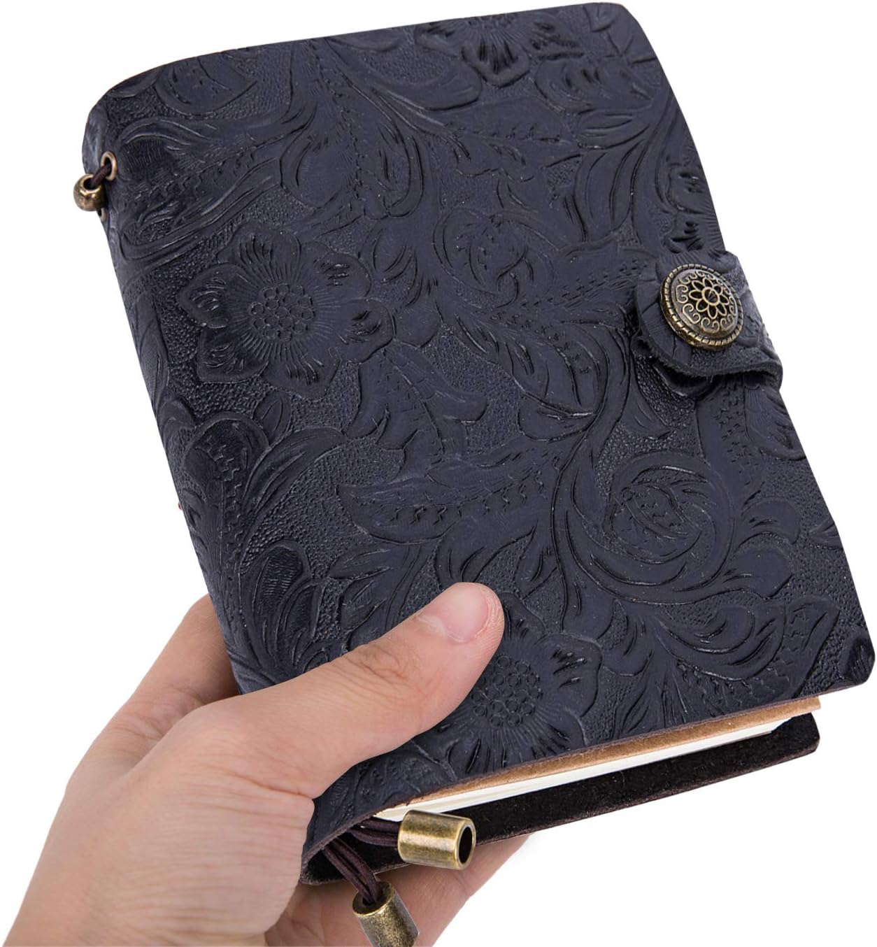 Leather Travel Journal Personal Organiser, UBAYMAX Bound Refillable Handmade Journal Personalized Notebook, A6 Vintage Embossed Travel Journal Diary, Gift for Women Student 5.5 4.3” Embossed Black