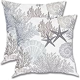 Ocean Starfish Throw Pillow Cover 18 X 18 Inch Pack of 2, Summer Nautical Coastal Themed Pillow Covers Square Cushion Farmhouse Beach Seashell Coral Pillow Cases for Bedroom Living Room Patio - Brown