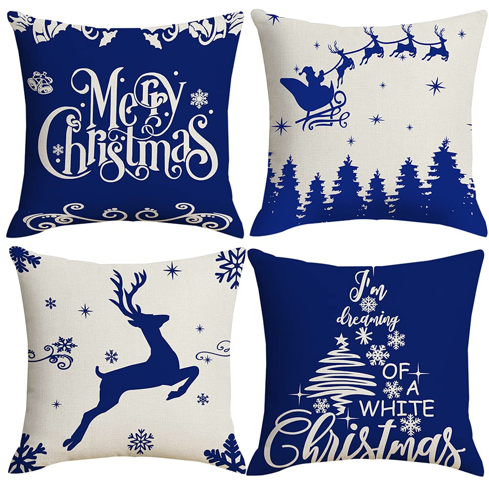 Ywlake 50x50cm Merry Christmas Cushion Covers, Decorative Outdoor Indoor Snow Christmas Tree Blue White Pillow Covers Shams Cases Cushion Covers Set of 4 for Couch Sofa
