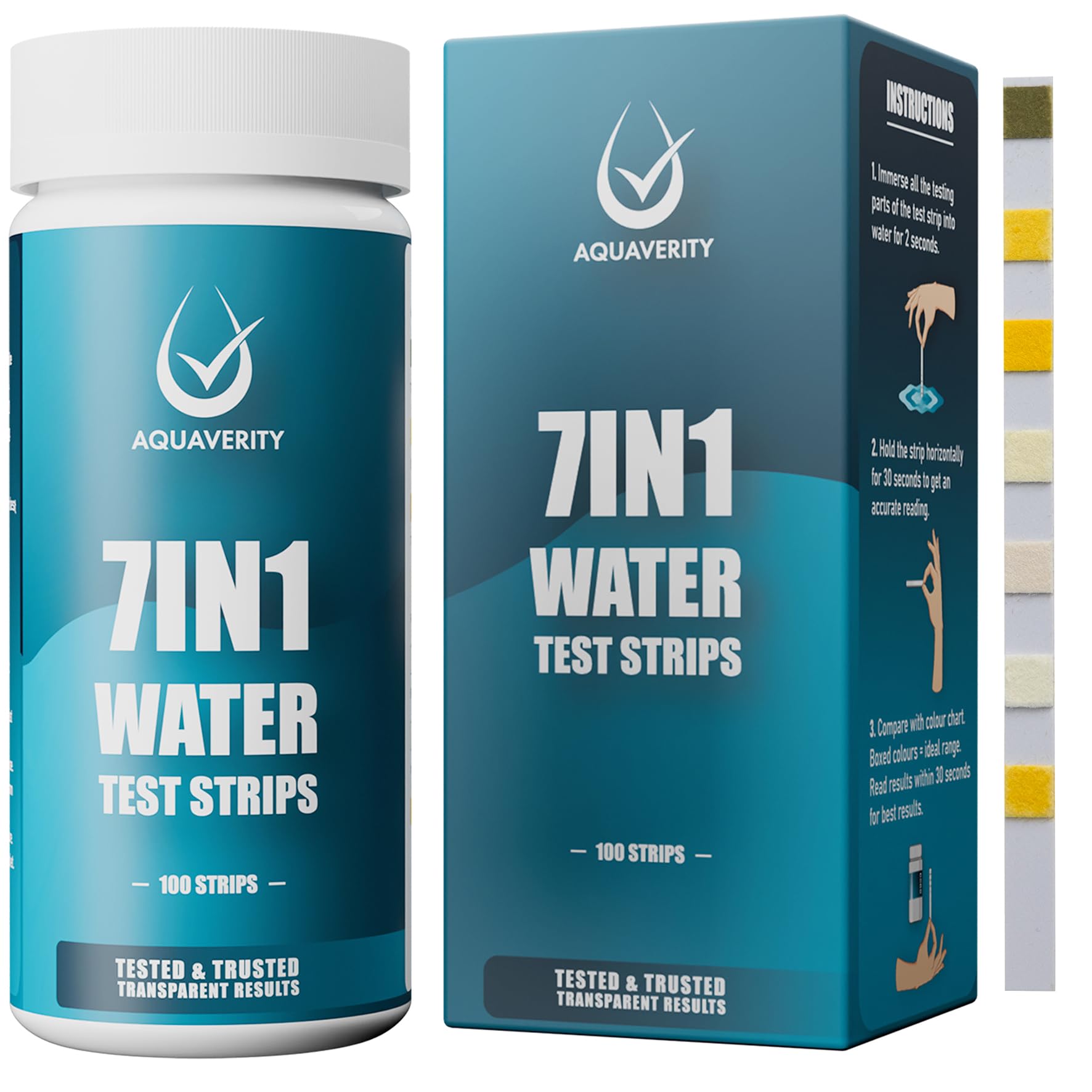 AQUAVERITY Hot Tub Test Strips, 100 Pool, Spa and Hot Tub Testing Strips for Total Alkalinity, Hardness, Free Chlorine, Bromine, pH, Cyanuric Acid, and Total Chlorine, Accurate Hot Tub Accessories
