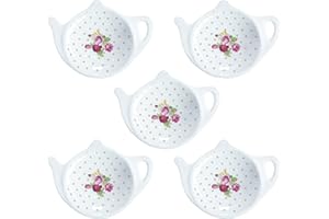 Bicuzat Polka Dot and Flower Tea Bag Holder Tea Porcelain Accessories Teapot Shaped Tea Bag Coaster Resting Caddy Saucer 4 Inch/10cm-Set of 5