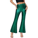 ALIREVERIE Women's Mermaid Scale Metallic Shiny Leggings Festival Pants