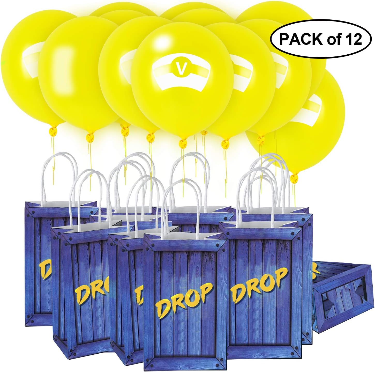 Video Game Party Supplies - Favor Bags & Yellow V Balloons - Supply Drop Box Decorations for Kids Boys Birthday - Pack of 12