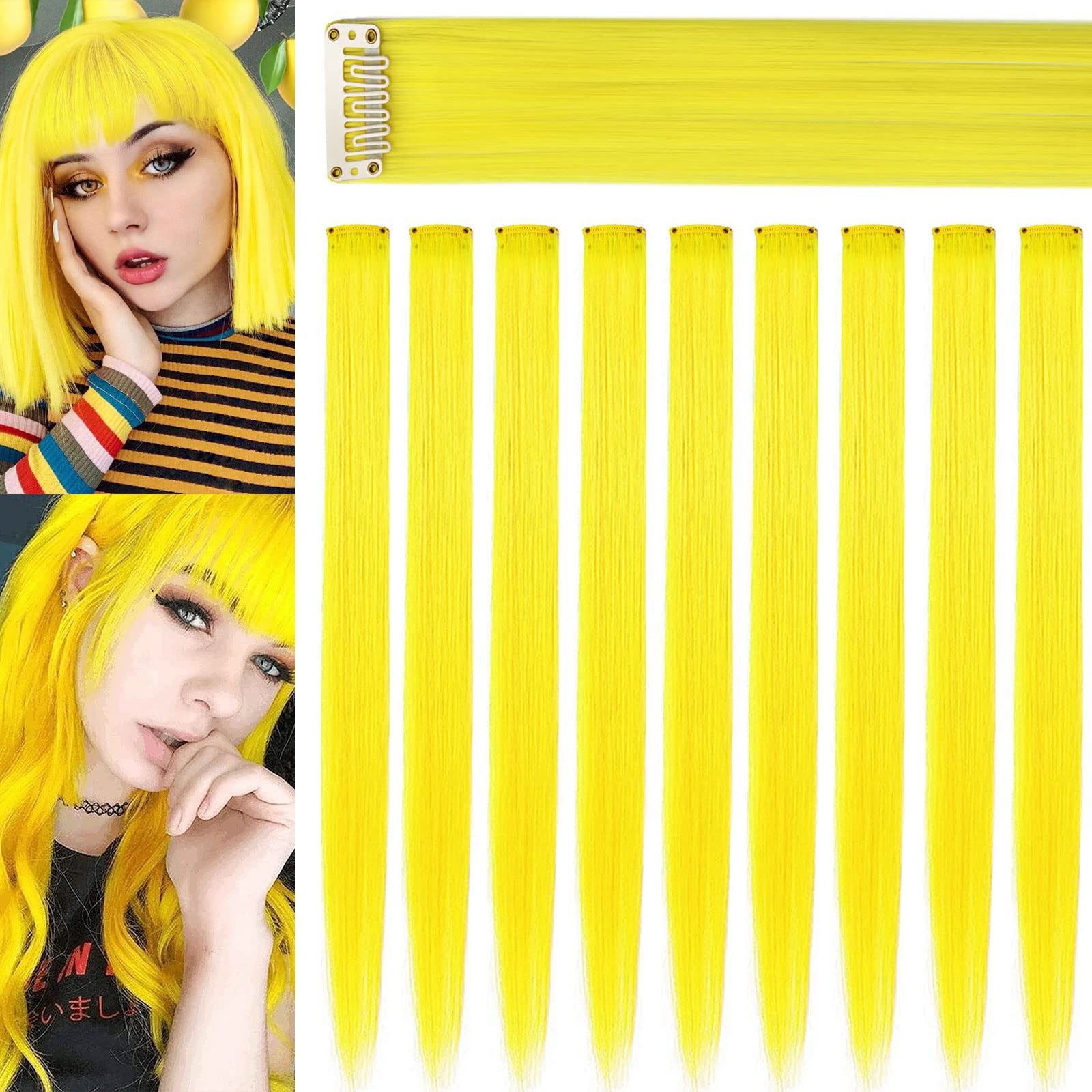 ZHAOWWEI Princess Colorful Extensions Multi-Colors Party Highlights Streak Synthetic Hairpieces Clip-In/Clip On Colored Hair Extensions(Yellow)