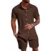 RoseSeek Men's 2 Piece Beach Outfits Button Down Linen Shirt and Short Set | Summer Outfits, Casual Vacation Wear, White Linen Short Sets, Cruise Outfits for Men