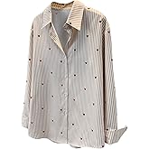 SweatyRocks Women's Heart Print Striped Button Down Shirts Dressy Casual Long Sleeve Blouses
