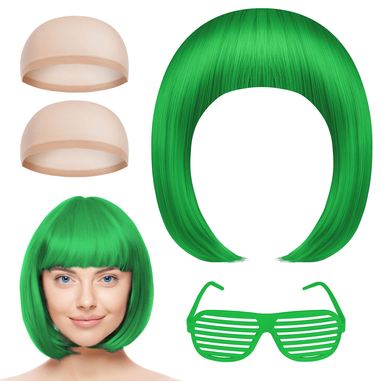 AOMIG Short Bob Wigs Set, 4 Pack Green Bob Wigs with Sunglass, Cap & Bangs - Synthetic Straight Hair for Daily, Halloween & Cosplay — image 1