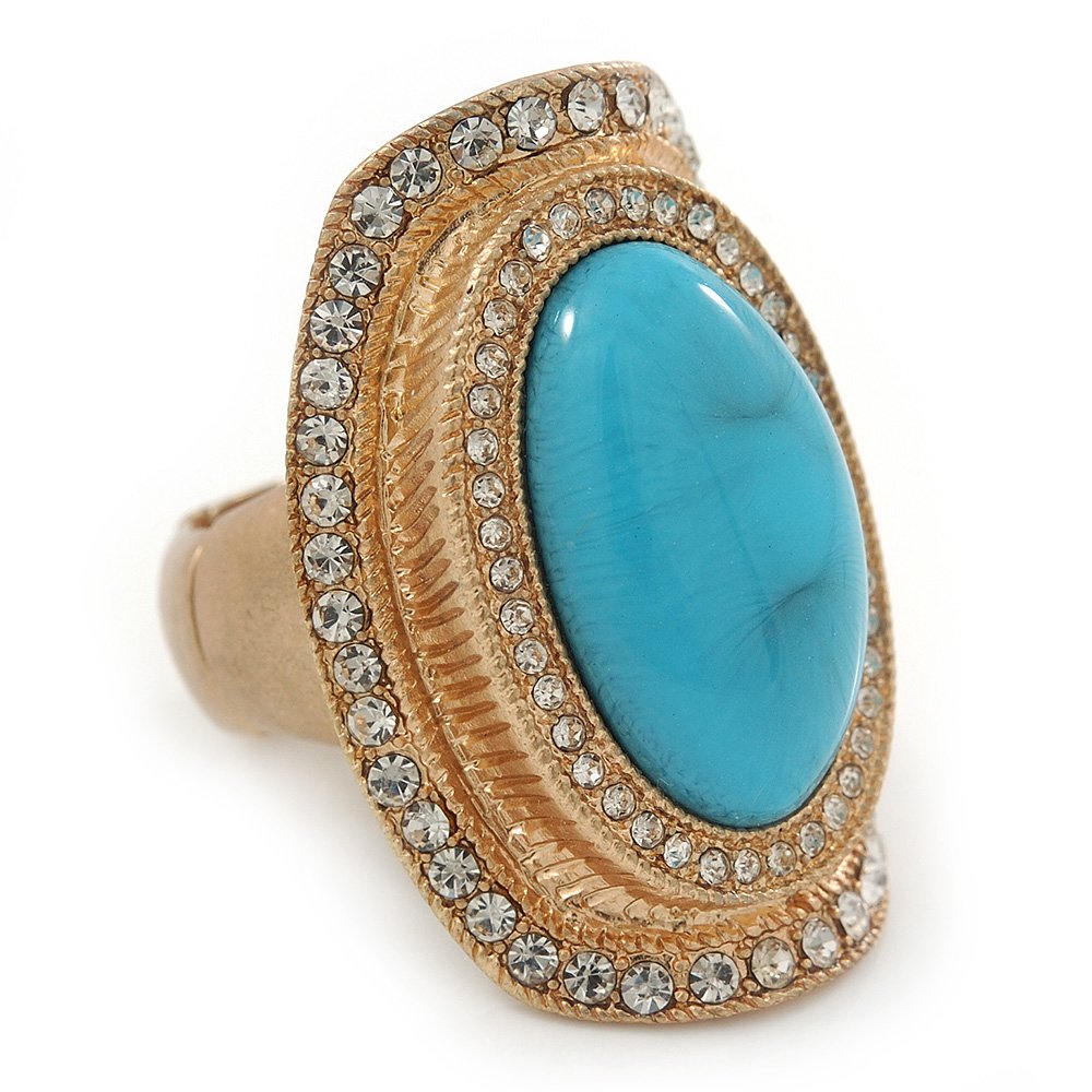 Avalaya Turquoise Style Resin, Diamante Oval Flex Ring In Brushed Gold Finish - 37mm Across - Size 7/8