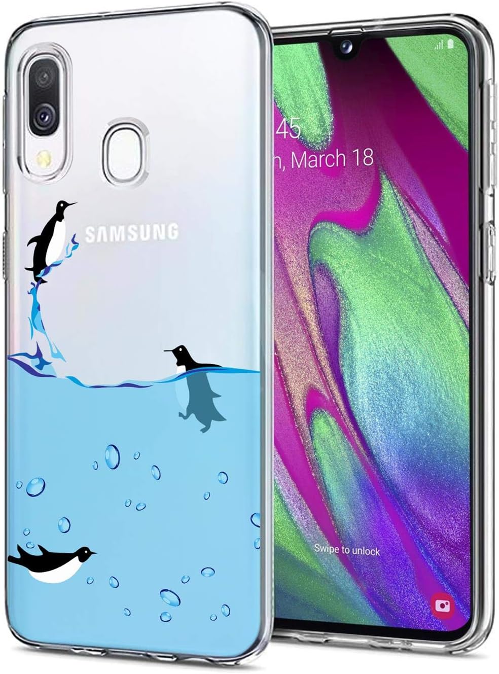 Verco Phone Case for Samsung Galaxy A40, Shockproof Bumper for Galaxy A40 Cover Silicone, Back Case clear with motive, penguins