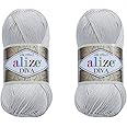 Alize Diva Yarn Hand Knitting Yarn 100% Microfiber Acrylic Yarn Alize Diva Silk Effect Thread Crochet Art Lace Craft Lot of 2 skeins 200gr 767 yds (168-Light Grey)