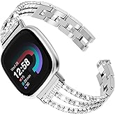 FULLIFE Compatible with Fitbit Versa 3/Fitbit Versa 4 Chain with Crystal Diamond Bling Metal Link Bracelet Strap Steel Fitbit Sense/Fitbit Sense 2 Band for Women, Silver