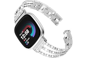 FULLIFE Compatible with Fitbit Versa 3/Fitbit Versa 4 Chain with Crystal Diamond Bling Metal Link Bracelet Strap Steel Fitbit Sense/Fitbit Sense 2 Band for Women, Silver